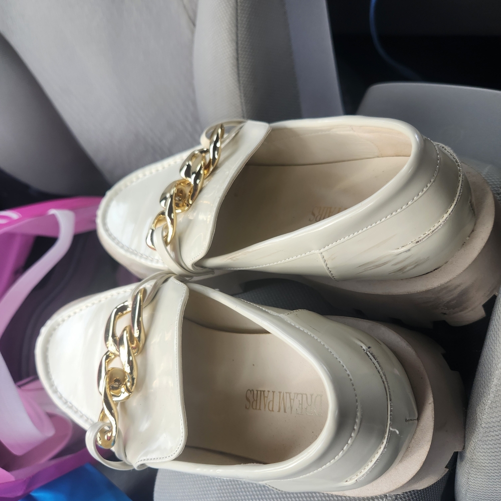 Dream Paris Cream Patent Loafers with Gold Chain